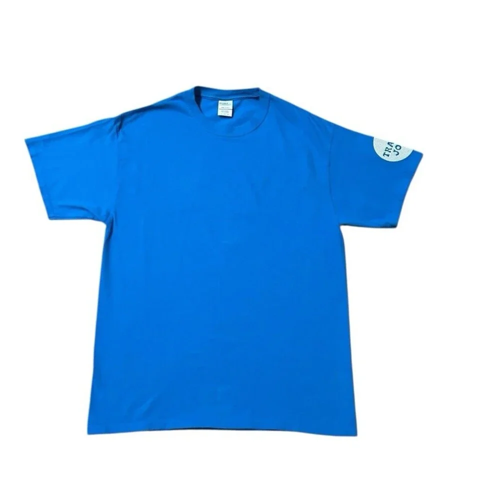 Trader Joes T-shirt L torquoise blue grocery store employee crew market